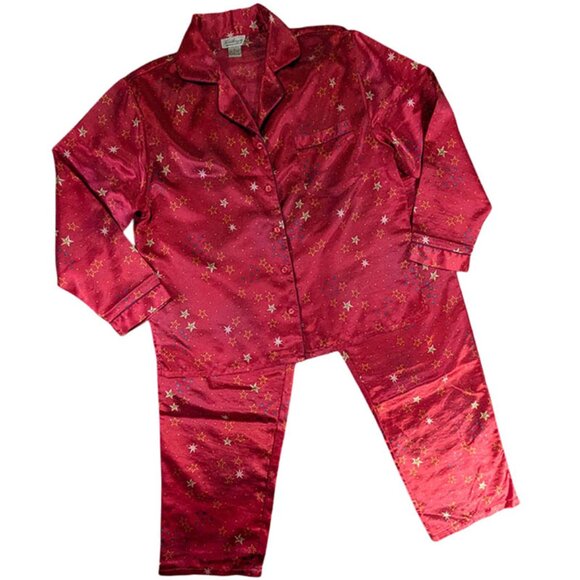 Kathryn 2 Piece Pajama Set Womens M Red Celestial Stars Silky Loungewear Vintage - Picture 1 of 16